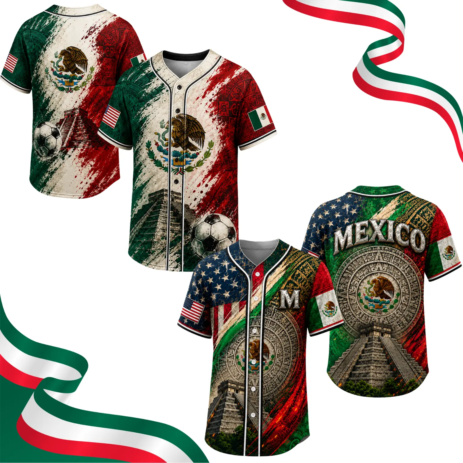 Mexico Heritage Baseball Jersey V-Neck Button Up Shirt Vintage Aztec Eagle Pyramid Graphic Mexican Flag Inspired Soccer Fan Apparel Lightweight Unisex Summer Sports Jersey for Men Women, Cultural Pride Festival Outfit, Cinco De Mayo Party Shirt