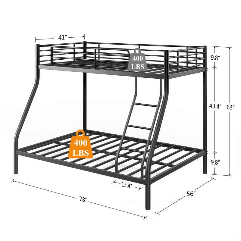 Bunk Bed Twin Over Full Size, Quiet & Sturdy Space-Saving Metal Bunk Bed with 9.8-Inch Guardrail and Ladder for Kids, Teens, And Adults, Black Heavy-Duty Frame with 400 lbs Capacity for Small Bedrooms & Shared Rooms Bunk Bed Twin Over Full Size, Quiet & Sturdy Space-Saving Metal Bunk Bed with 9.8-Inch Guardrail and Ladder for Kids, Teens, And Adults, Black Heavy-Duty Frame with 400 lbs Capacity for Small Bedrooms & Shared Rooms