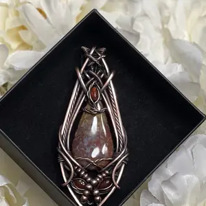 Wire Wrapped Ocean Jasper Pendant with Mexican Fire Opal & Carnelian Accents in Elegant Copper Wire Design