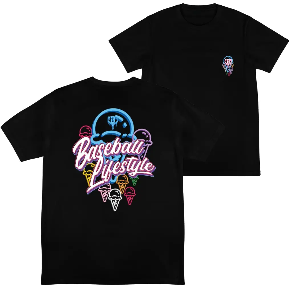 YOUTH & ADULT Baseball Lifestyle Neon Ice Cream 2 Sided Graphic T-Shirt, Cool Summer Vibe Sports Tee, Trendy Streetwear Fan Outfit Shirt, Baseball Lover Gift