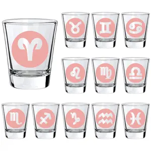 12 Pcs Zodiac Pattern Mini Glass Cups, 1.5oz/45ML Thick Bottom Shot Glasses, Ideal for Coffee, Whiskey, Vodka, Party Use