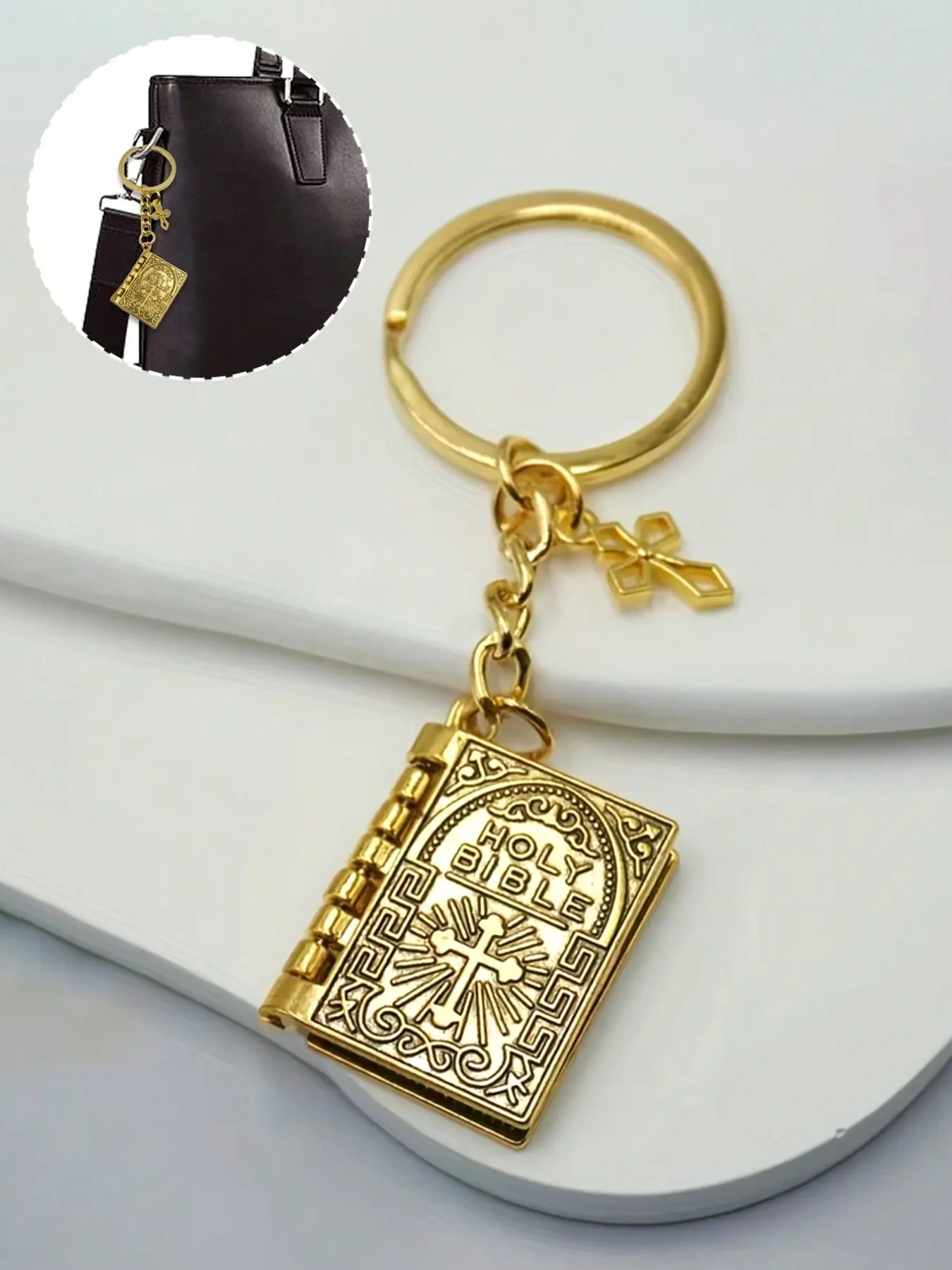 Golden Bible With Cross Keychain, Metal Key Ring, Stylish Keyring, Alloy Keychain For Bags, Purse Backpack, Bag Pendant, Bag Decoration, Car Key, Charm Clothing Accessories Gift For Christmas, Girls, Women, Friends Gifts