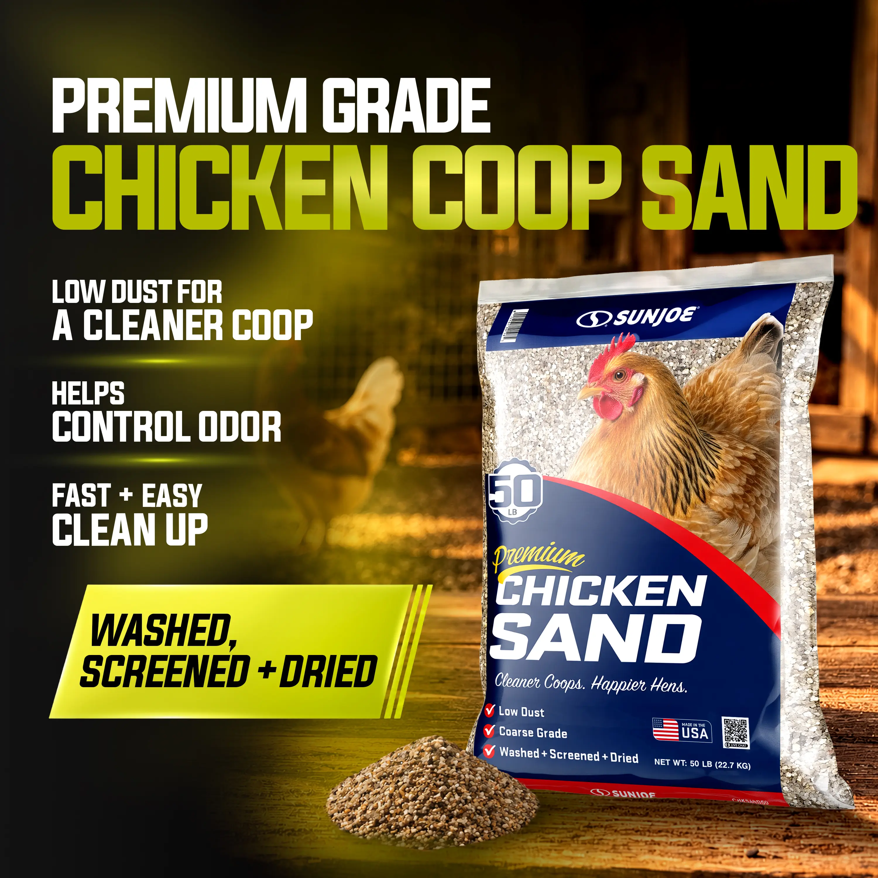 Sun Joe 50lb Natural Coarse Grade Chicken Coop Sand - Ammonia & Bacteria Growth Control, Odor Control, Low Dust, Moisture Resistant, Clean Floors, Silicosis Prevention from Finer Particles