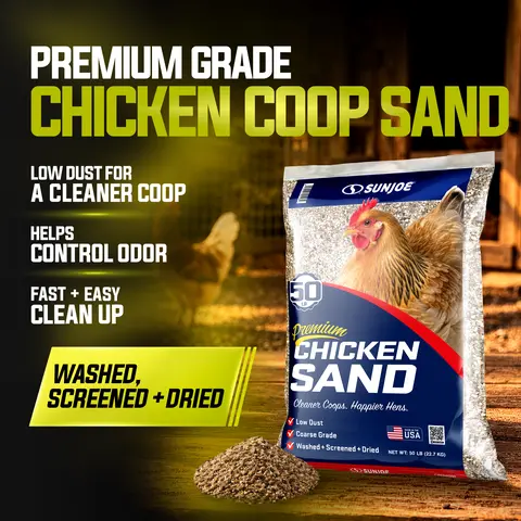 Sun Joe 50lb Natural Coarse Grade Washed-Screened-Dried Chicken Coop Sand Bedding - Ammonia Control, Low Dust, Moisture Resistant, Finer Texture, Bacteria Growth Prevention, Silicosis Risk Protection (Store in a Dry Area)