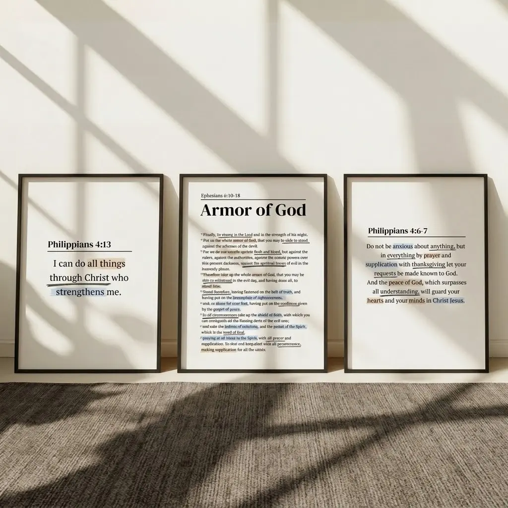 Armor of God Bible Verse Wall Art No-frame Set of 3, Christian Home Decor Scripture Posters, Philippians 4:6-7 Gallery Wall Prints for Bible Journaling Inspired Displays