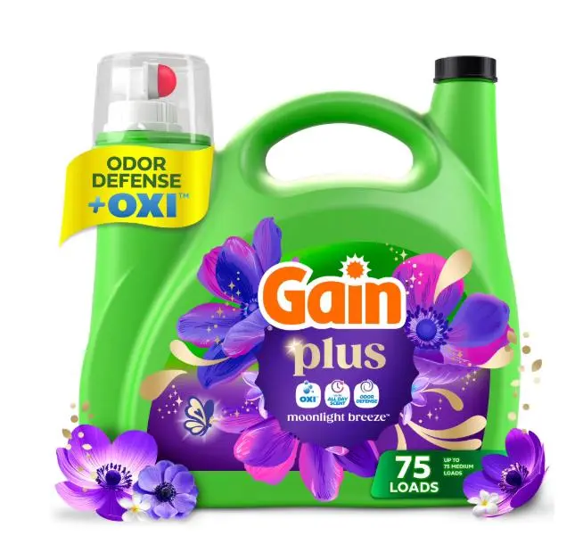 Gain Plus Liquid Laundry Detergent, Now with Odor Defense + OXI, Moonlight Breeze Scent, 99 fl oz, 75 Loads