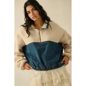 Sherpa Fleece and Denim Half-Zip Pullover