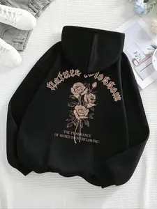 Women's Floral Rose Print Hoodie, Casual Loose-Fit Pocket Sweatshirt, Womenswear, Soft Fabric for All Seasons, Fashion Outdoor Daily Wear