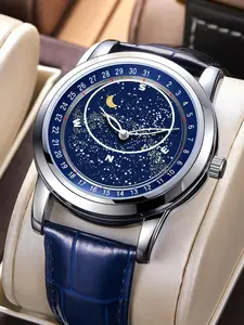 Luxury Starlight Luminous Men's Watch, Business Casual Style with Cowhide Leather and Stainless Steel Clasp, Premium Gift Choice for Business Partners