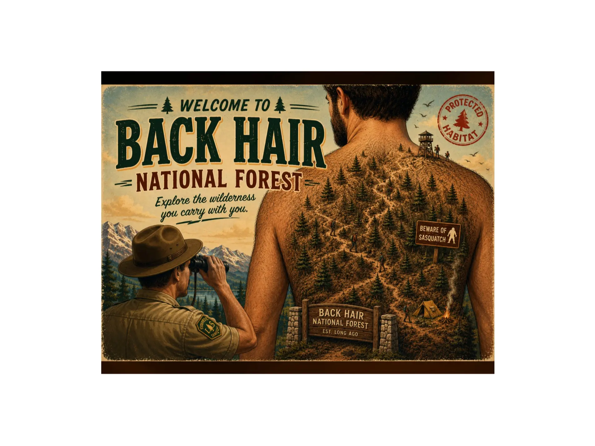 Prank Postcard – “Back Hair National Forest” – Funny Anonymous Hairy Back Gag Mail