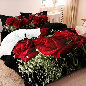 Rose Bouquet Bedding Set (1 Fitted Sheet + 2 Pillowcases), High-Quality Print, Home Dormitory Use, No Padding, Universal Size
