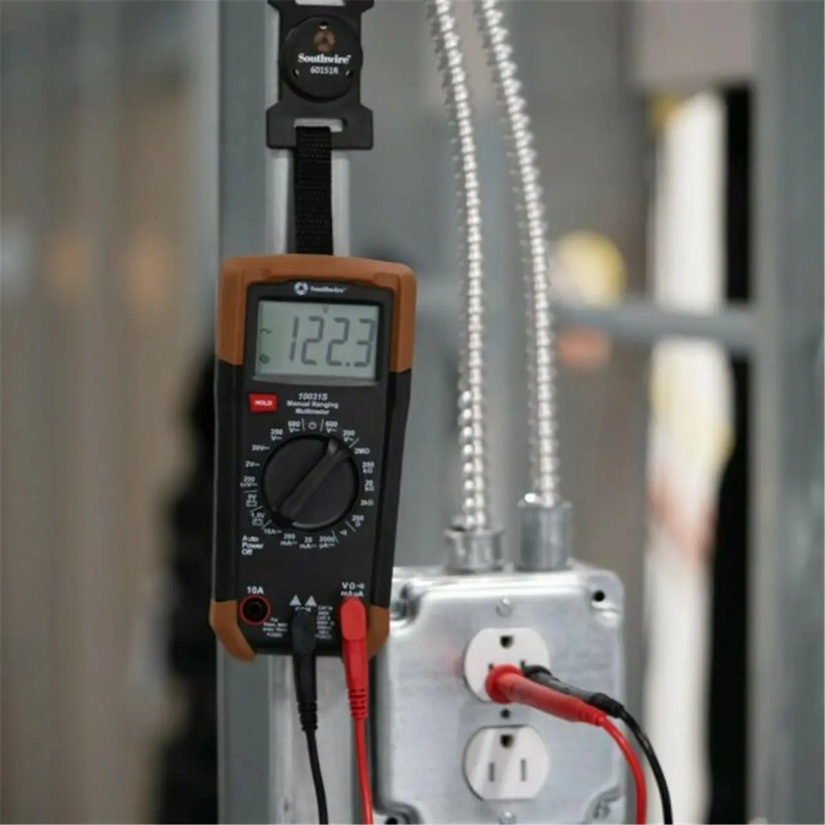 Southwire 10031S Rugged Manual-Ranging Digital Multimeter - Double-Molded Housing, 600V AC/DC, 1.5V, 10A DC Current, 2M Resistance, Battery Test, Auto Power Off, 6.1 x 2.9 x 2.1 in, Batteries Check, Basic Repair Tool for Automotive & Motorcycle, Dc Curren