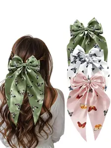 Elegant Fabric Butterfly Print Hair Clips Set, Long Draping Bow Spring Barrettes, Versatile Half Updo Hairstyle Accessories