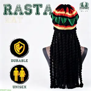 Unisex Rasta Knit Tam Cap With Spiral Dreadlock Wig, Jamaican Reggae Striped Headwear For Concert, Carnival, Party And Daily Hip Hop Street Outfits