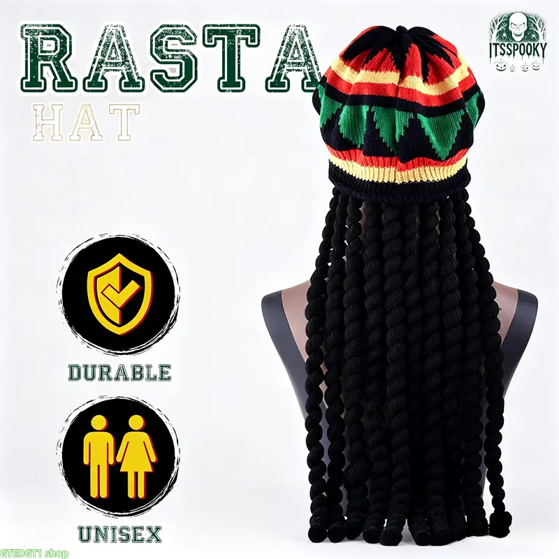 Unisex Fashionable Knitted Hat - Rasta Tam Cap with Spiral Dreadlock Wig, Jamaican Reggae Striped Beanie Hat, 1 Size for Music Lovers (Concert, Daily Hip Hop Street Outfits) [Bag Accessory Charm/Twillie Complement], Beanie Hats