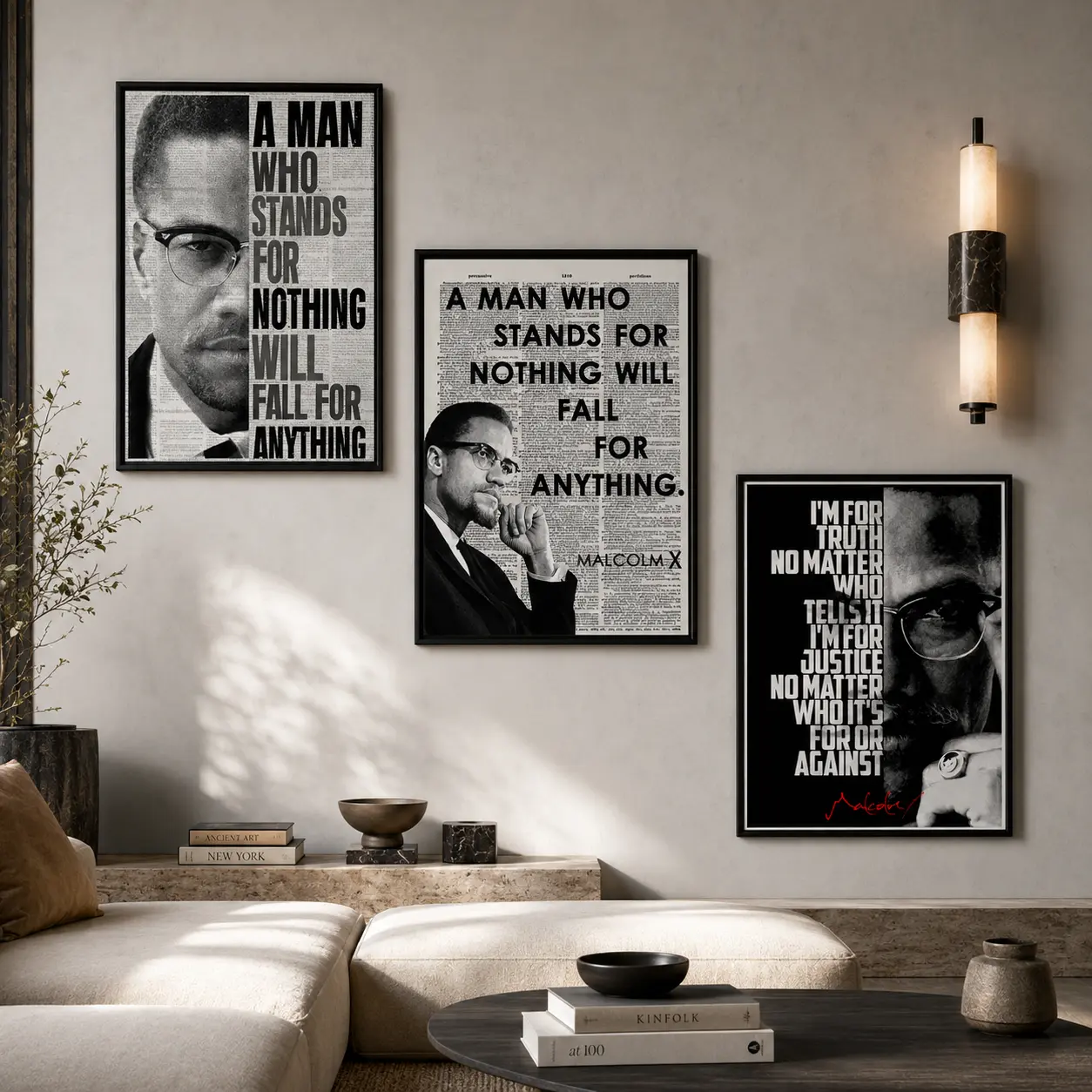 Malcolm X 3 Styles Gallery Canvas Bundle, Vintage Newspaper Background Black History Motivational Quote Wall Art, Civil Rights Activist Statement Print For Office Study Living Room