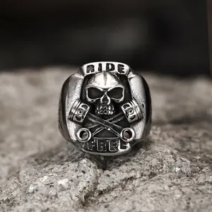 GTHIC Retro Punk Stainless Steel Skull Ring Biker Accessories for Men Daily Wear