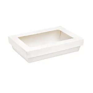 212 MAIN Rectangular Kray Box with Lid, 8.8x6.1 in White & Brown, Microwave Safe, Grease Resistant Snack Storage Container for Home & Party Supplies