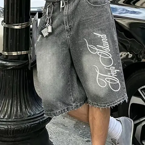 Men's High-Waist Button-Fly Denim Jean Shorts - Studded Embroidered, American Streetwear, Plain, Knee-Length, Secure Closure, Casual Daily Wear Bottom