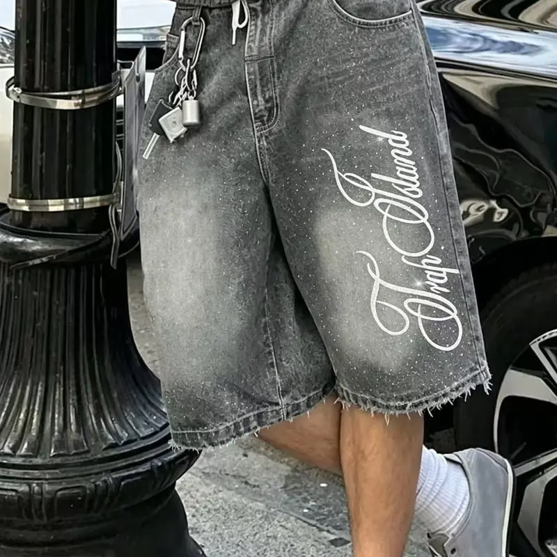 Men's High-Waist Button-Fly Denim Jean Shorts - Studded Embroidered, American Streetwear, Plain, Knee-Length, Secure Closure, Casual Daily Wear Bottom