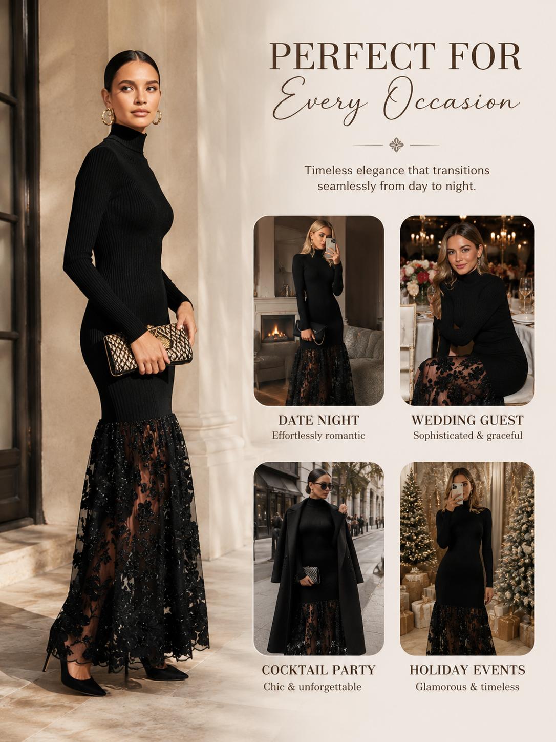 FEHAUTE Black Mesh Floral Fall Knit Mock Neck Long Sleeve A-Line Maxi Cocktail Party Evening Dress Elegant Longsleeve Dress Elegant Chic Dress