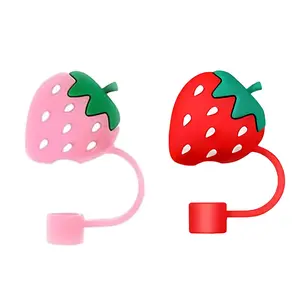 Cute 3D Pink or Red Strawberry Straw Cover  Reusable  Food-Grade Silicone  Straw Topper  Drinkware thick drinkware accessories