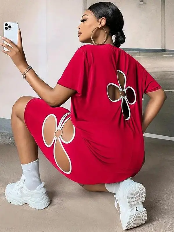 Women's Summer Cut - out Set, including a short - sleeve crew - neck slim - fitted blouse with a trendy cut - out design, and a basic T - shirt paired with shorts featuring a floral pattern. Casual Matching Outfit Soft