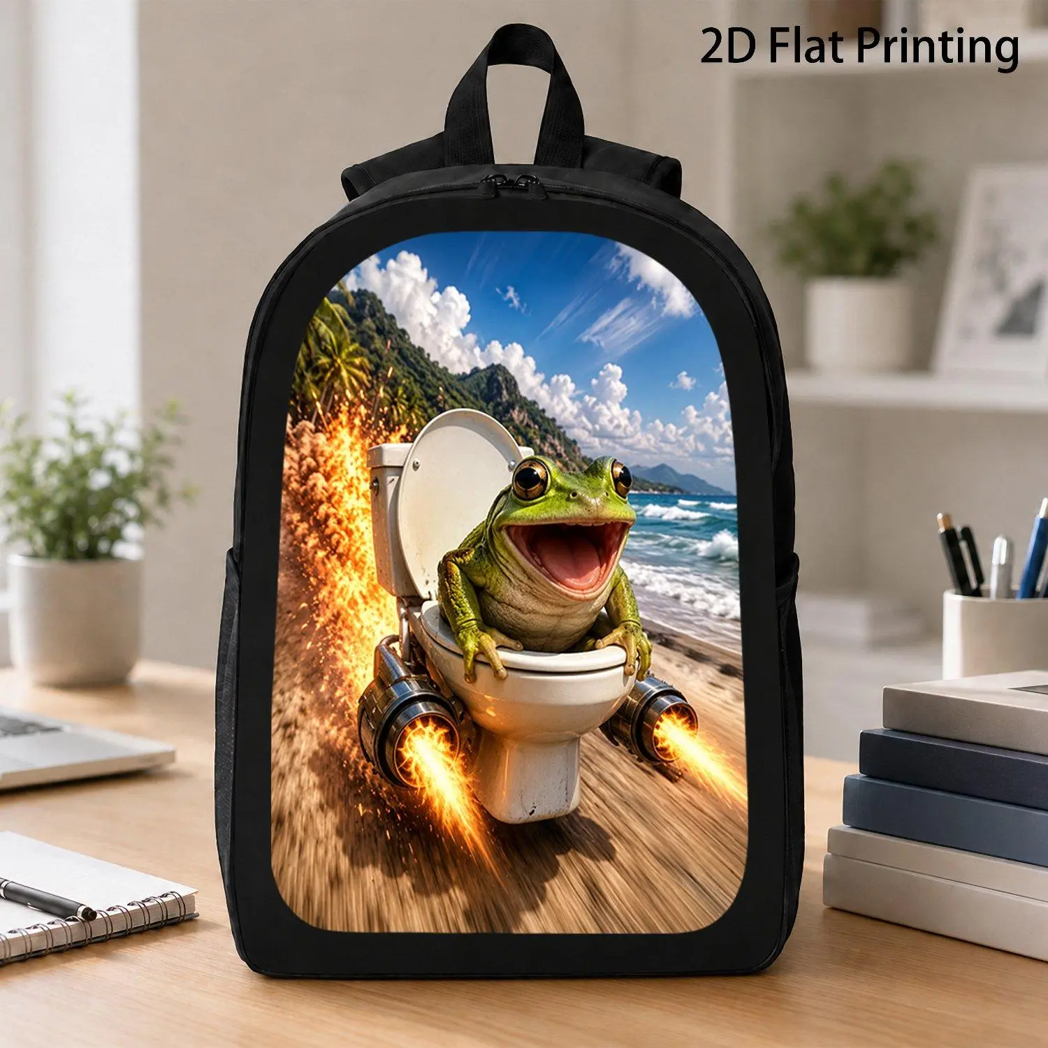 [17 Inch Backpack] 1pc Happy Green Frog Jet Toilet Beach Adventure Graphic Backpack Trendy Humor Animal Print Backpack Teen Daily Backpack