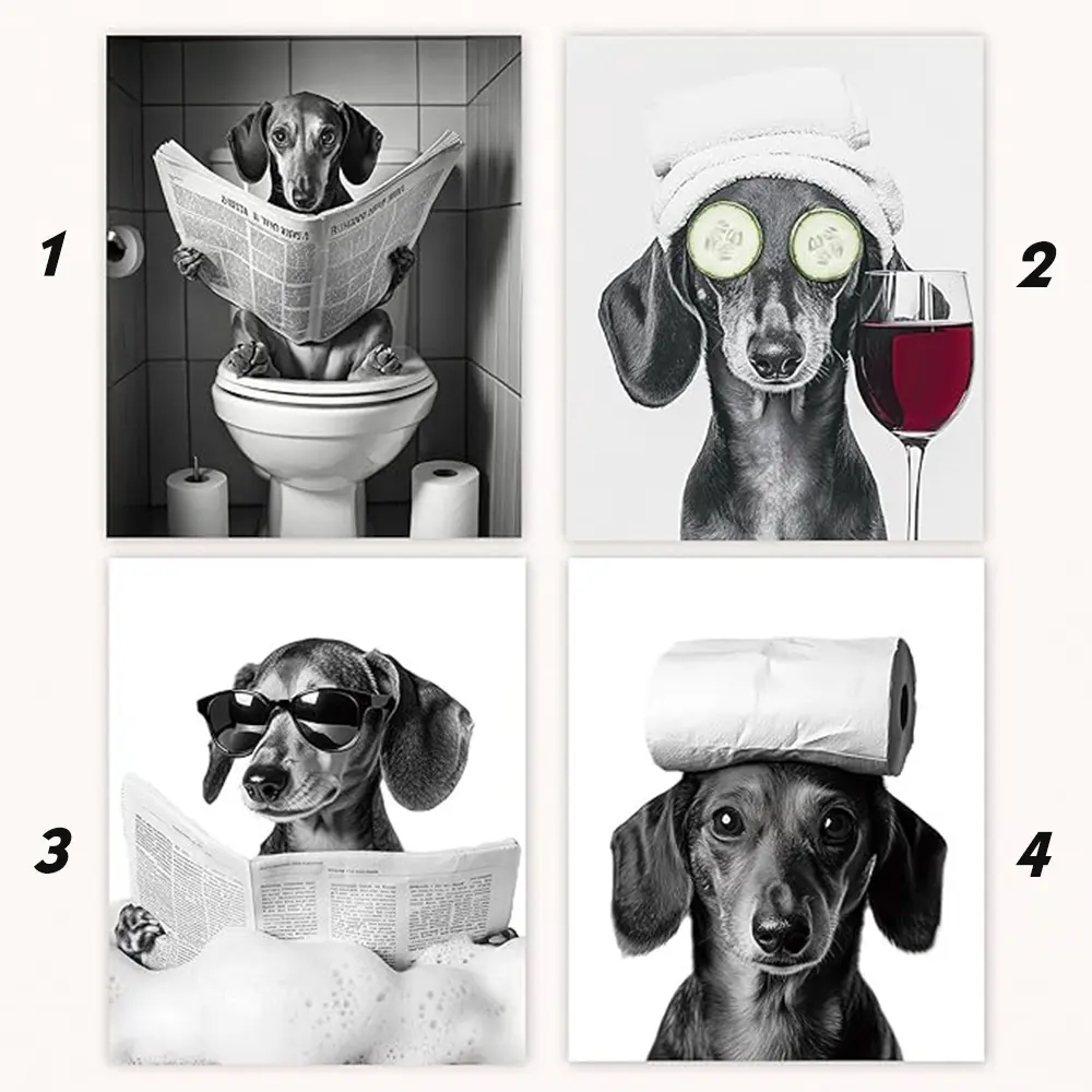Set of 4, Weiner Dog Bathroom Poster, Humorous Newspaper Pet Print, Home Room Decor