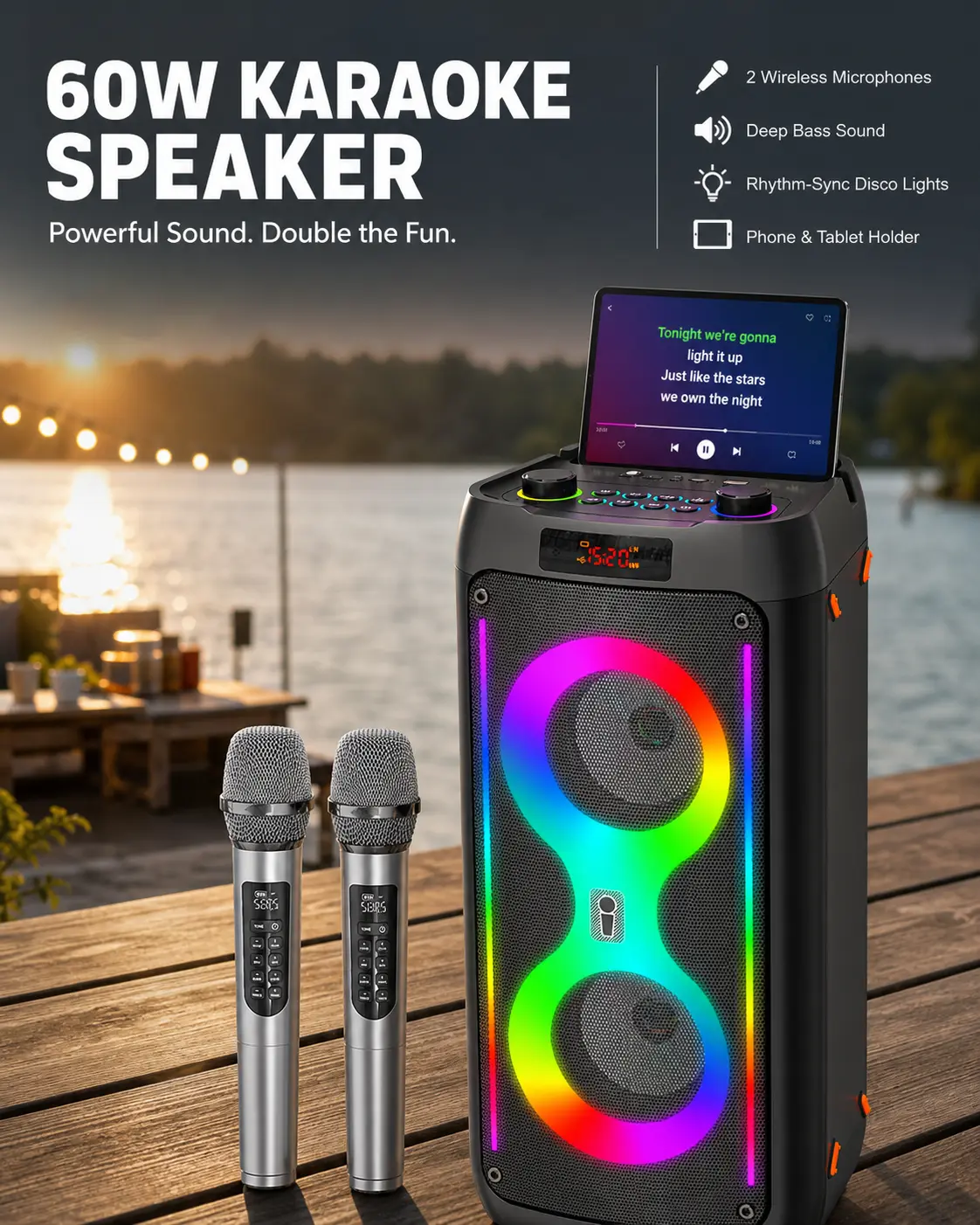 001 Carra KO K71 Karaoke Machine Portable Bluetooth Speaker with 2 Wireless Microphones PA System Disco Lights for Big Party Outdoor Use Supports USB TF REC AUX Ideal Gift for Family Music Lovers