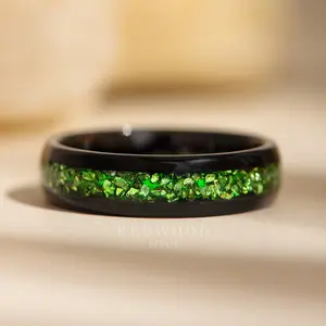 Black Tungsten Ring with Green Lab-Created Emerald Gemstone Inlay - 6MM