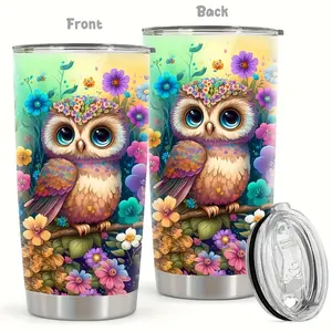 1pc, 20oz Cute Owl Stainless Steel Tumbler with Lid - Owl and Flower Print - Vacuum Insulated Water Bottle for Hot and Cold Drinks - Double Wall Vacuum Insulated Travel Mug,Water Cup,Insulated Bottle Cup, Car Mug, Women's Gifts,Nice Gift