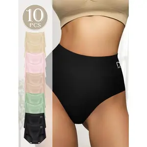 10-Packs High-Waisted Solid Ladies Briefs, Fashion Colorful Cotton Cozy Women's Underwear, Breathable Comfortable Briefs Set for Women's Summer Wear, Best gifts for Girls Back to School, S-XXL/ 5Colors