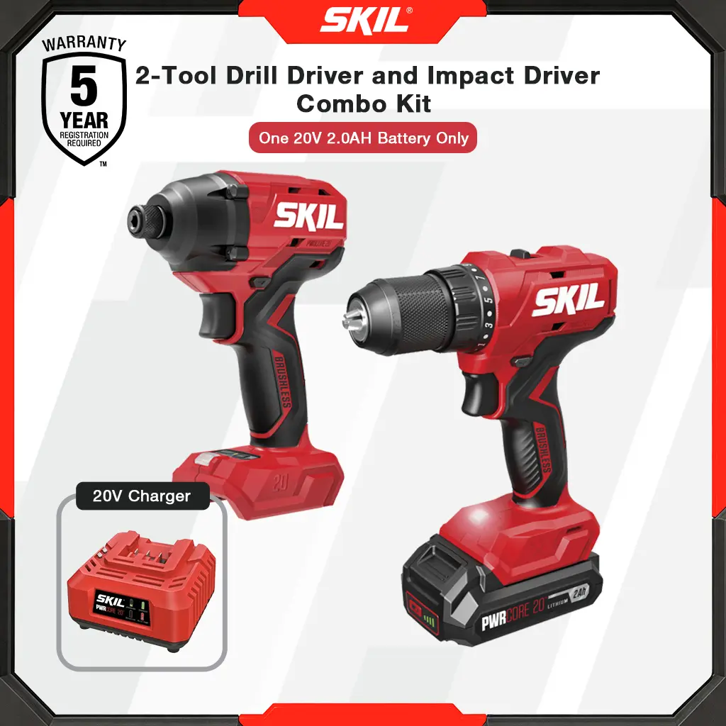 SKIL POWRCORE 20V Brushless 2-Tool Drill Driver and Impact Driver Combo Kit Including One 2.0Ah Battery and One Charger