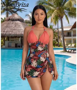 Briza｜Women's Halter One Piece Swimsuit with Skirt Coral Tropical Floral Print Bathing Suit Modest Swimdress Summer Swimwear Beach Pool Vacation Resort Cute Tankini Alternative, Women's Swimwear, Bathing Suit for Women, Skirted Swimwear