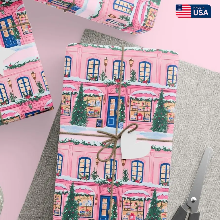 Elegant Christmas Gift Wrap, Pink Winter Village Wrapping Paper, Holiday Boutique Scene, Cute Festive Packaging, Luxury Gift Wrapping for Her, Gift for Him