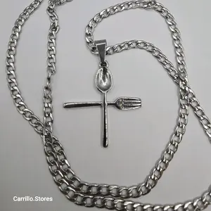 Fashion Necklace stainless steel silver  color spoon fork cross Cuban link chain