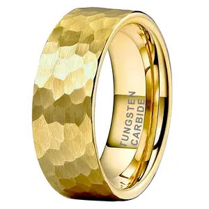 Yonifu 8mm Tungsten Carbide Ring with Elegant Gold Hammered Finish – Durable, Scratch-Resistant, and Stylish Wedding Band for Men – Ideal for Engagements, Anniversaries, and Everyday Wear