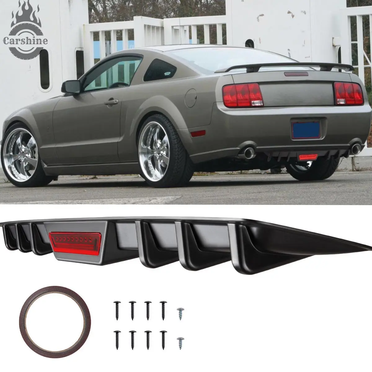 For Ford Mustang GT 2005-2008 Rear Lower Bumper Diffuser Shark Fins Spoiler Lip（Please note: this is a reflective strip, not an actual light.）