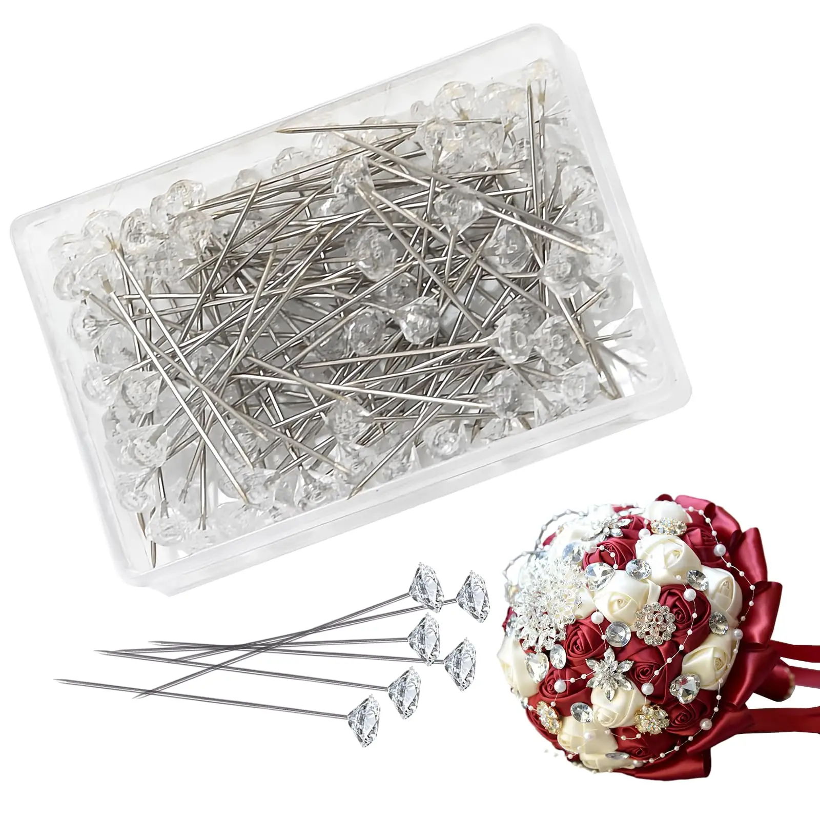 Flower Bouquet Pin, 100pcs Imitation Diamond Transparent Straight Pin, Suitable for Wedding Bridal Bouquet, Jewelry, Hair Accessories