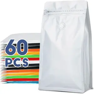 Coffee Bags with Valve(60pcs,32 oz,2 lb) Vented Coffee Beans Packaging Bags High Barrier Aluminumed Foil Flat Bottom Heat Sealed Side Zipper Resealable Storage Bag for Home or Business（Black ）