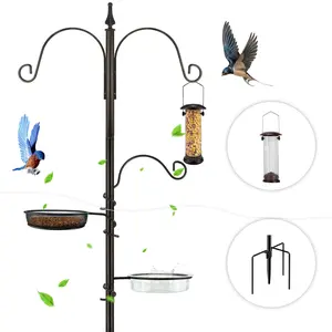 76-inch 3-Hook Bird Feeding Station Steel Multi-Feeder Set with Tubular Feeder Water Bowl Mesh Tray Bird Bath 4-Prong Base for Wild Birds