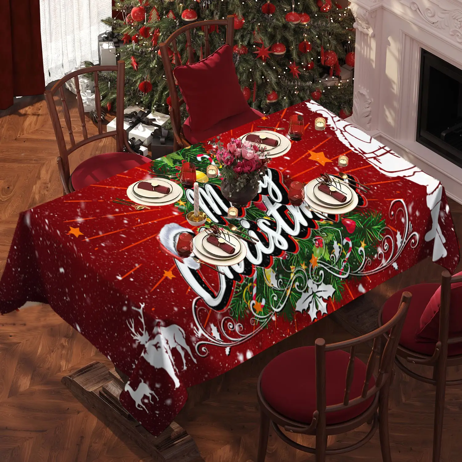 Christmas Rectangular Tablecloth with Santa and Reindeer Design, Perfect for Holiday Dinner and New Year Party Decorations