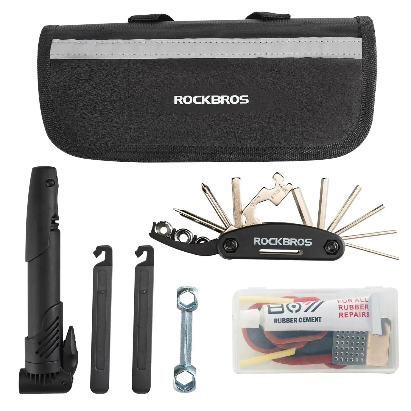ROCKBROS Bike Tool Kit with Tire Pump, Multi-Function Tool, Patches, Portable Repair Tool Bag ROCKBROS Bike Tool Kit with Tire Pump, Multi-Function Tool, Patches, Portable Repair Tool Bag