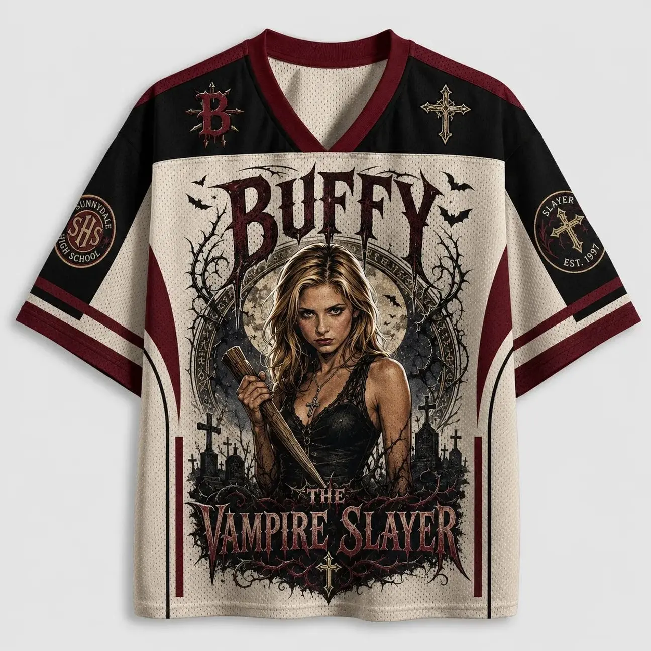 Buffy the Vampire Slayer Inspired Horror Fantasy Mesh Jersey Shirt, Retro TV Graphic Athletic Top ED9