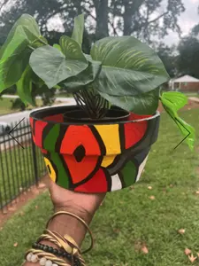 "Pixelated Wonder" 8.5" Flower Pot - Hand-Painted Acrylic & Clay Planter with Drainage & Saucer - Indoor/Outdoor Use - Limited Edition Art Planter