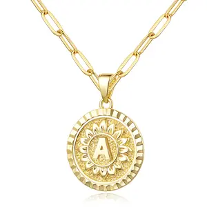 14k Plated Gold Sunflower Necklace for Women - Double-Sided Necklace Pendant with Initial & Sun Flower Design, Hypoallergenic & Non-Tarnish, Trendy Paperclip Chain - Perfect Gift Jewelry for Women & Girls