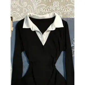 Women's Colorblock Patchwork Faux Two-Piece Shirt Collar Slim Fit Long Sleeve Top, Casual Fitted Collared, Basic Simple Comfortable Casual Daily Wear, Versatile Aesthetic Stylish Blouse, Colorblock Knit Top