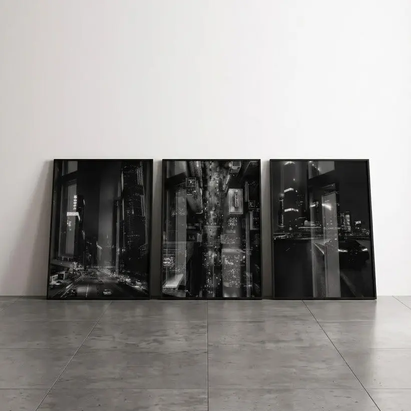 3-Piece Dark Cityscape Wall Art Prints - Night Urban Skyline Aerial Photos, Skyscraper Decor Set for Man Cave, Digital Download (Frame Not Included)