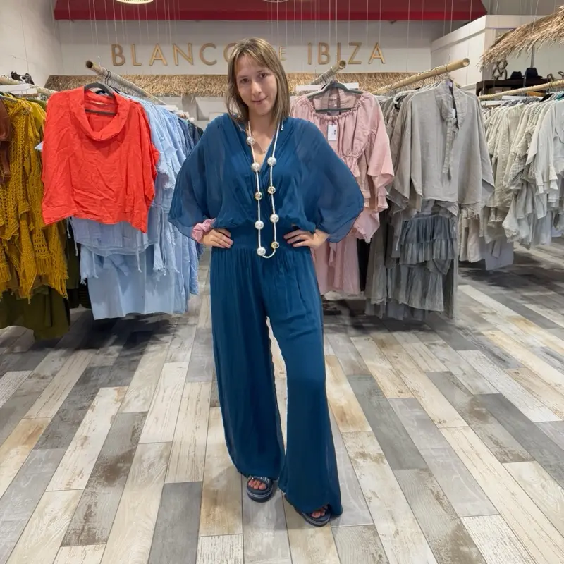 One Size Silk Smocked Waist Jumper with Open Back Tie and Lining Elegant Wide Leg Silk Jumpsuit